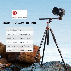 K&F CONCEPT 90”/230cm Ultra High Camera Tripod,Horizontal Overhead Shooting Travel Tripods with Metal Ball Head 10KG Load Capacity,Detachable Monopod, for Indoor and Outdoor Use T254A7+BH-28L