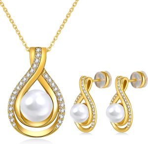 Infinity White Black Pearl Necklace and Earrings Set for Women Gifts for Mom Birthday Mothers Day AAA+ Handpicked Pearl 14K Gold/White Gold Plated Adjustable Jewelry