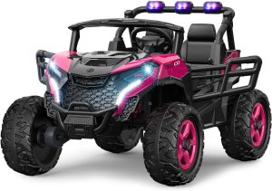24V 2 Seater Ride on Car Truck 4x200W, EVA Tires, 4WD/2WD, Rainbow Lights, Remote Control, Shock Absorbers, Bluetooth, Ride on Toy for Big Kids Ages 3-8, Pink