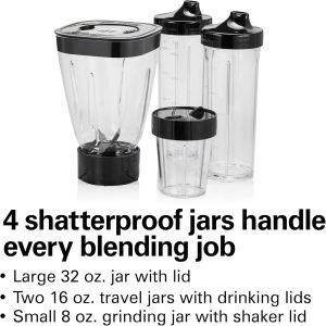 Hamilton Beach MultiBlend Smoothie Blender with 4 Shatterproof BPA Free Jars and Lids; Lar...