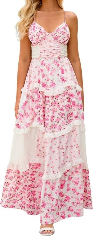 Women Floral Maxi Dress Spaghetti Straps V Neck Patchwork Flowy Boho Sundress Tiered Long ...