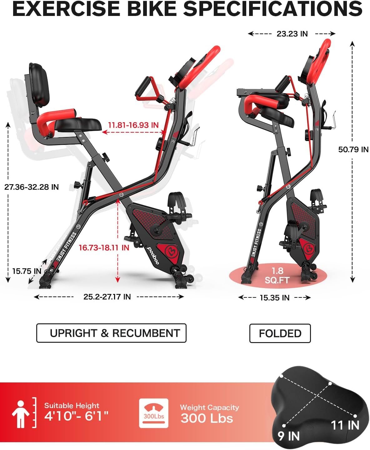 pooboo Folding Exercise Bike, Foldable Upright Stationary Bike, Indoor Cycling Magnetic X-Bike with 8-Level Adjustable Resistance, 6.6 LBS Flywheel, 300LB Capacity, Bottle Holder & Back Support Cushion for Home Gym - Image 5