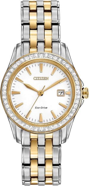 Citizen Women’s Eco-Drive Dress Classic Crystal Watch in Two-tone Stainless Steel, Silver Dial, 28mm (Model: EW1908-59A)