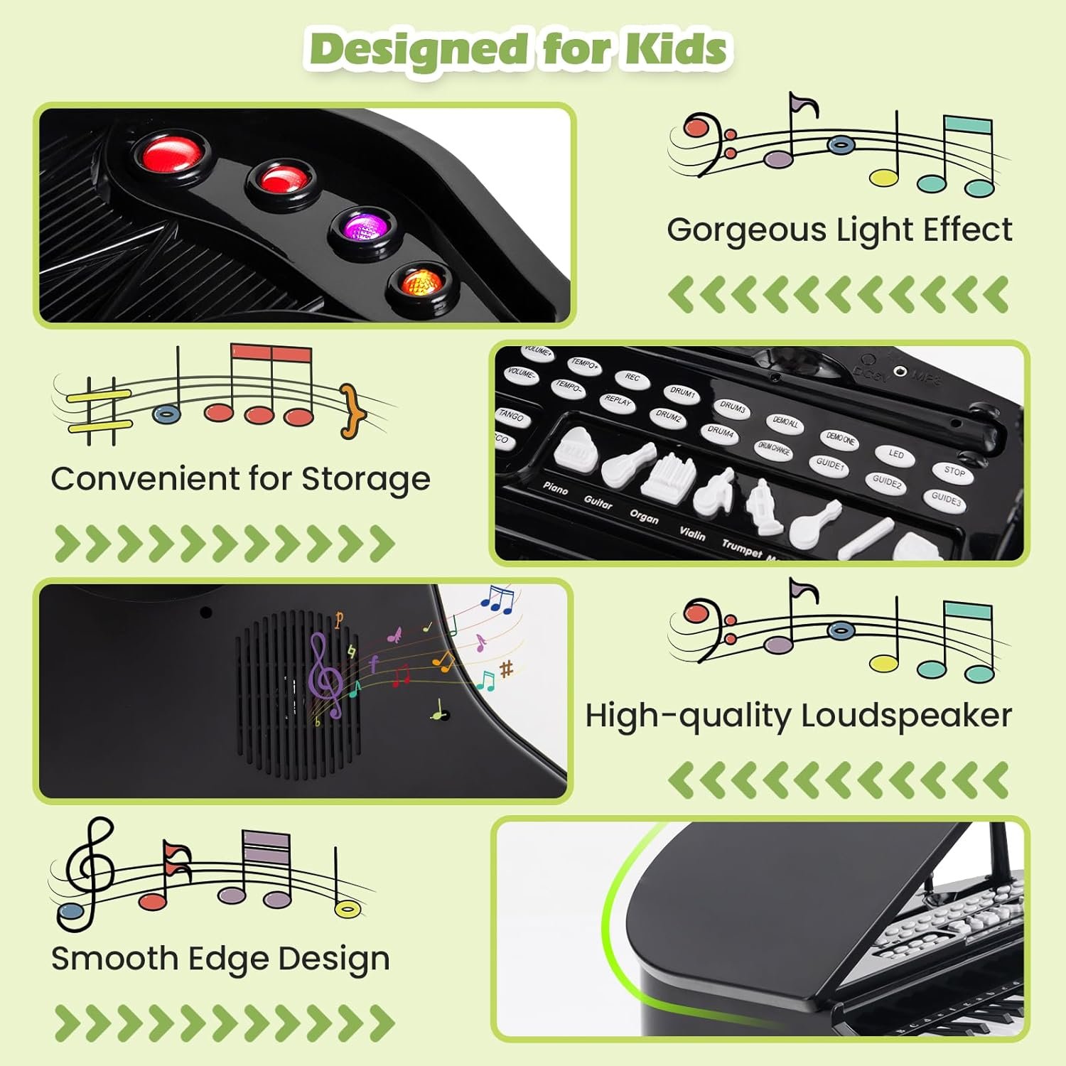 HONEY JOY Classical Kids Mini Grand Piano w/ Music Stand & Stool, Portable Electronic Piano Educational Musical Instrument Toy w/ Microphone, Lights, Gift for Kids (Black, 37 Keys) - Image 7