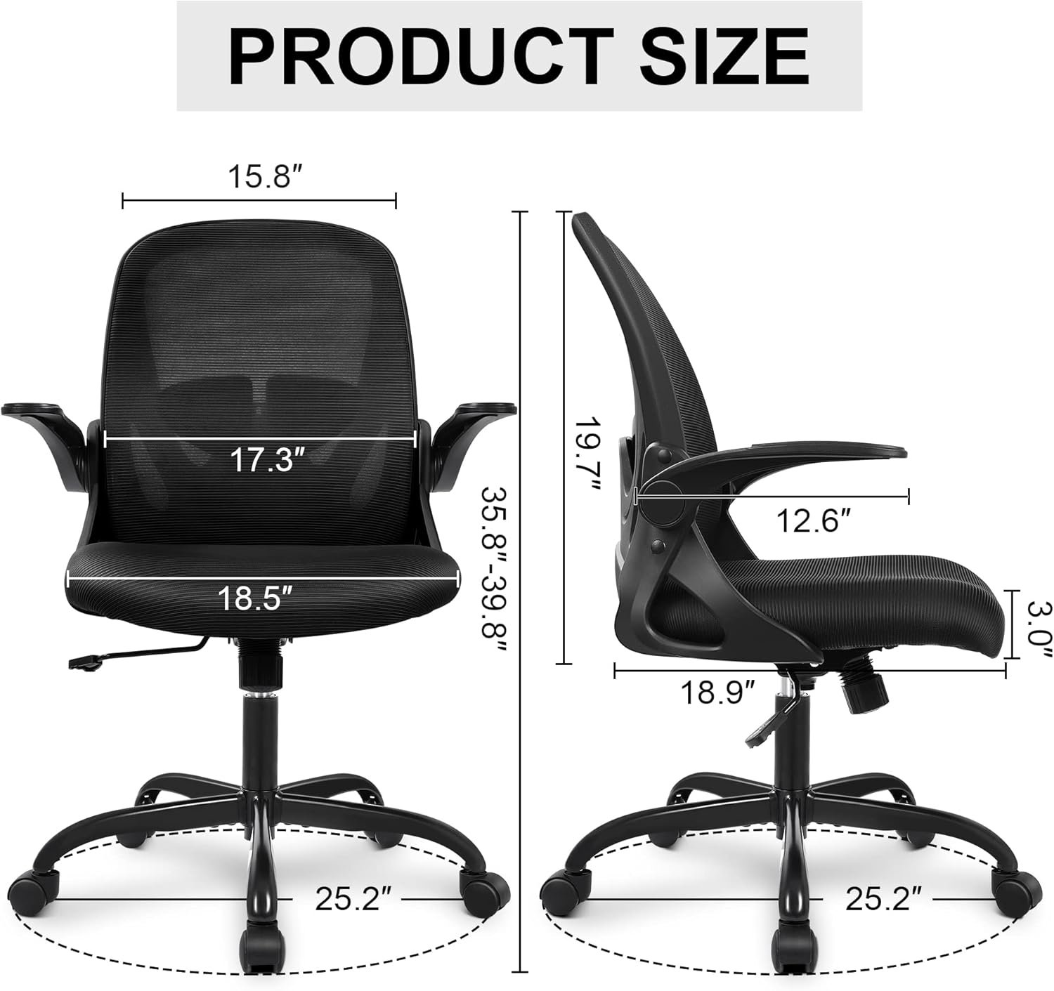 Primy Office Chair Ergonomic Desk Chair with Flip up Armrests Swivel Breathable Desk Mesh Computer Chair with Adjustable Lumbar Support and Height for Conference Room (Black) - Image 3