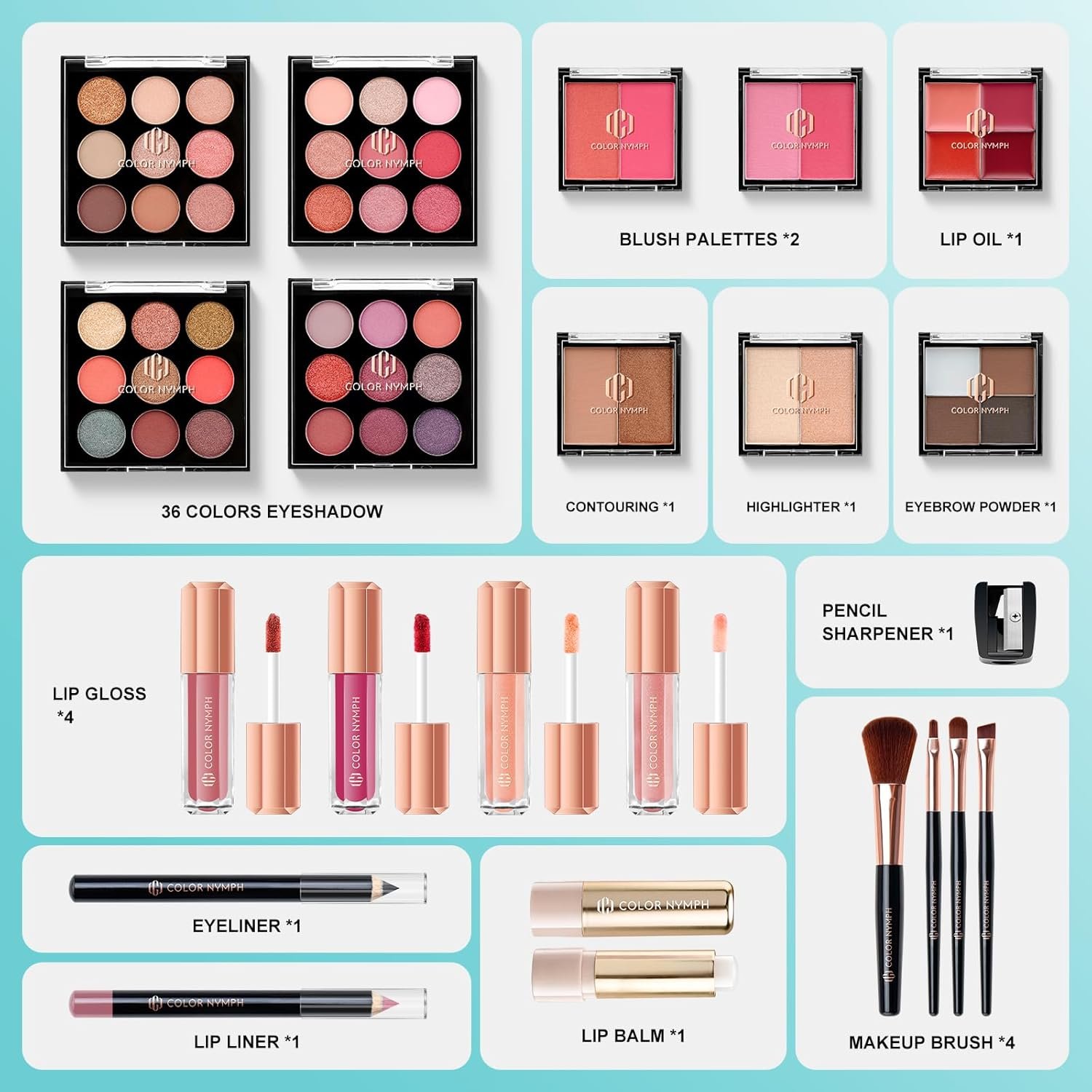 Color Nymph All In One Makeup Kit Comestics Gifts for Girls Teens, Travel Makeup Set 4 Trays Train Case for Beginner Includes Eyeshadow Highlighter Lipgloss Blush Concealer Brush Eyeliner Lipbalm - Image 2
