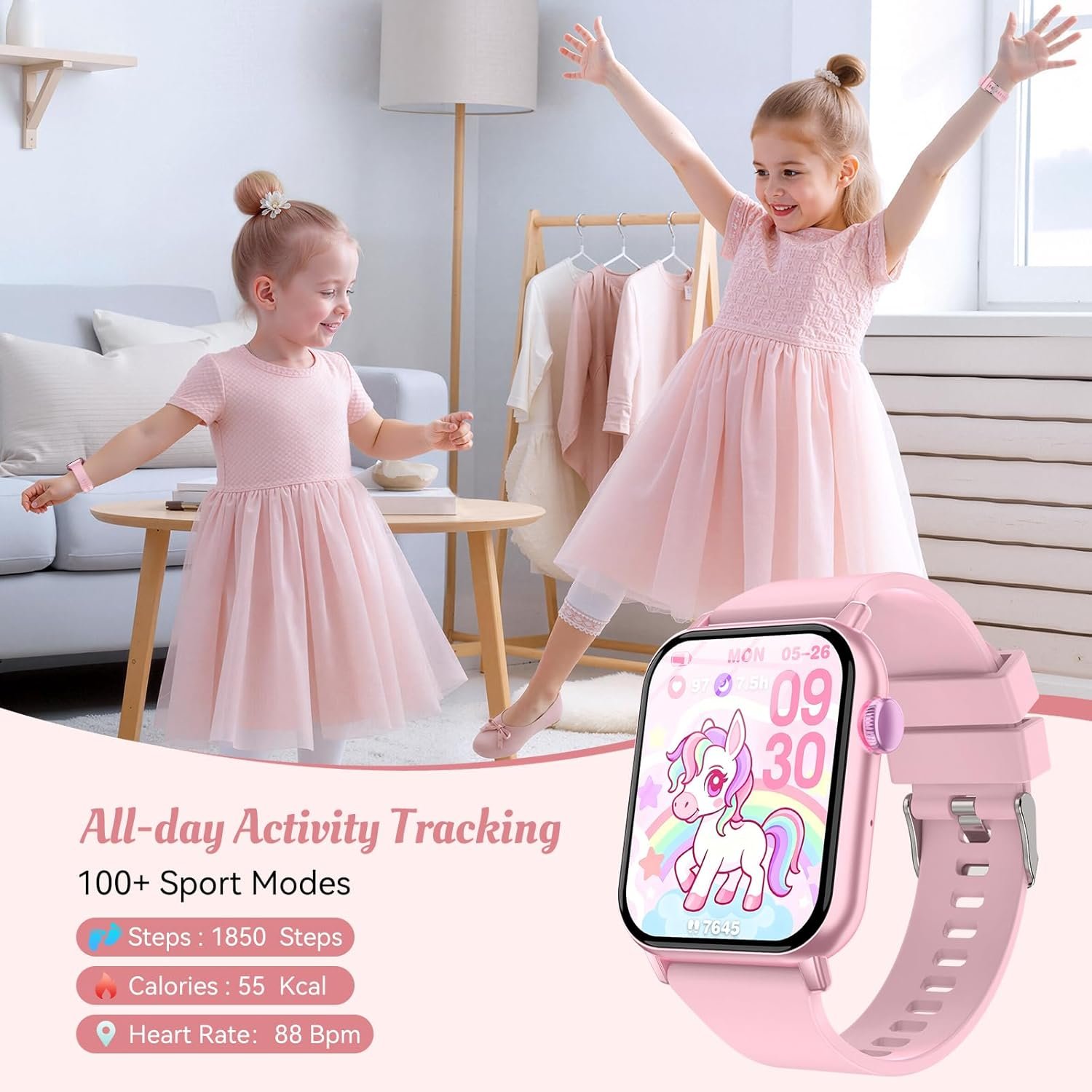Smart Watch for Kids, 12 Puzzle Games HD Touch Screen Watches, Step Counter, Heart Rate and Sleep Monitor, Flashlight, Music Player,12/24 hr Educational Toys Birthday Gifts for Girls Ages 6-12 (Pink) - Image 3