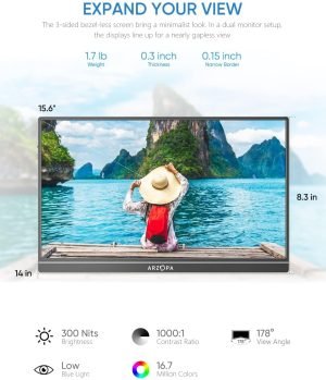 ARZOPA Portable Monitor, 15.6” 1080P FHD Laptop Monitor USB C HDMI Computer Display HDR Eye Care External Screen w/Smart Cover for Mac Phone Xbox Switch PS5-S1 Table