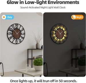 24” Ultra-Silent Wall Clock with Night Light, Glow in The Dark Decorative Wall Clock...