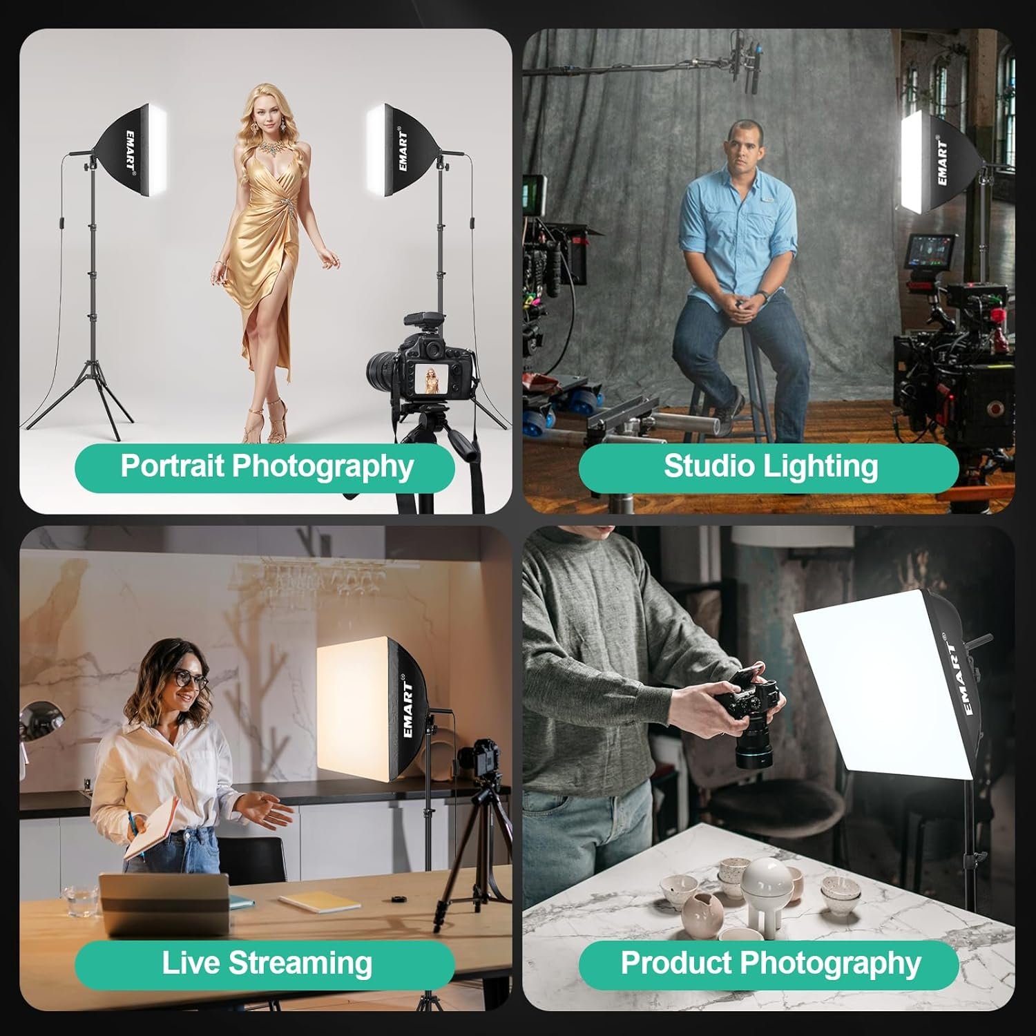 EMART Softbox Photography Lighting Kit, 16"x16" Pull Soft Box, 50W 3000K-6000K LED Bulb with Remote/APP Control, Professional Photoshoot Equipment for Studio Lights, Portrait, Video Recording(2 Pack) - Image 6