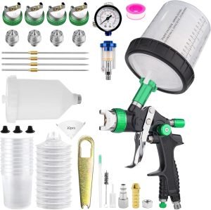 HVLP Spray Gun with 1.4/1.7/2.0/2.5mm Nozzles Set, Paint Guns Automotive with 10x 650ml Disposable Paint Cups, Paint Spray Gun for Painting Cars, Furniture, Primer and Top Coat (Green)