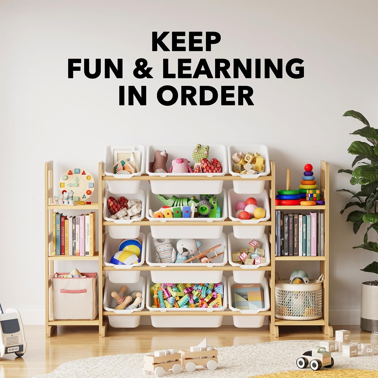 SpaceAid Toy Storage Organizer with 6 Shelves and 12 Bins, Bookshelf/Bookcase, Kids Bin Shelf, Toys Box for Playroom Organization for Bedroom & Room Decor, White, 52.3" W - Image 6