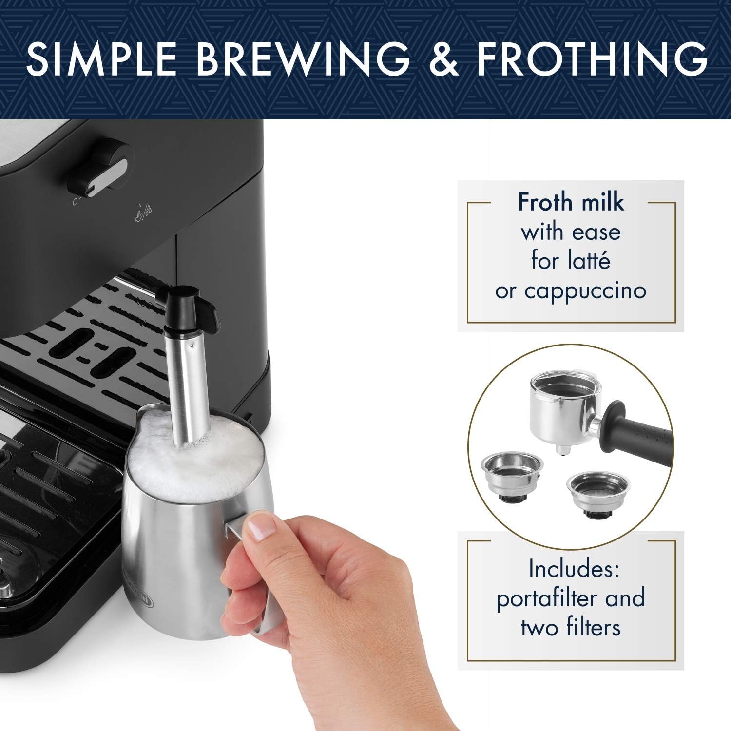 De'Longhi Stilosa Manual Espresso Machine, Compact Coffee Maker, 15 Bar Pump Pressure, Manual Milk Frother Steam Wand for Authentic Single & Double Espresso, Lattes & Cappuccinos, Tamper Included - Image 3
