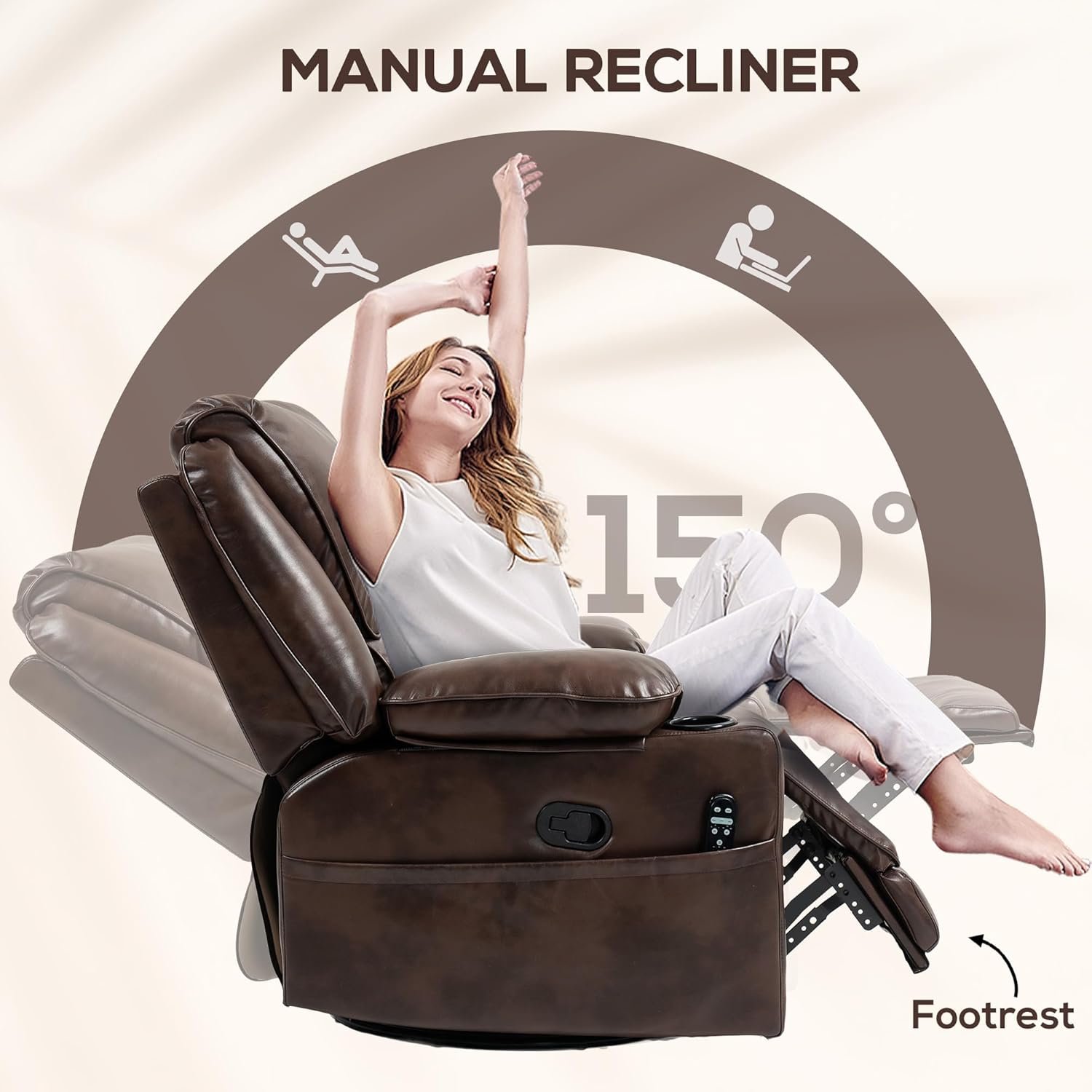 HOMCOM Swivel Rocker Recliner Chair with Vibration Massage and Heat, Oversized PU Leather Ergonomic Lounge Chair with Footrest, Remote, Cup Holders and Side Pockets for Living Room, Brown - Image 5