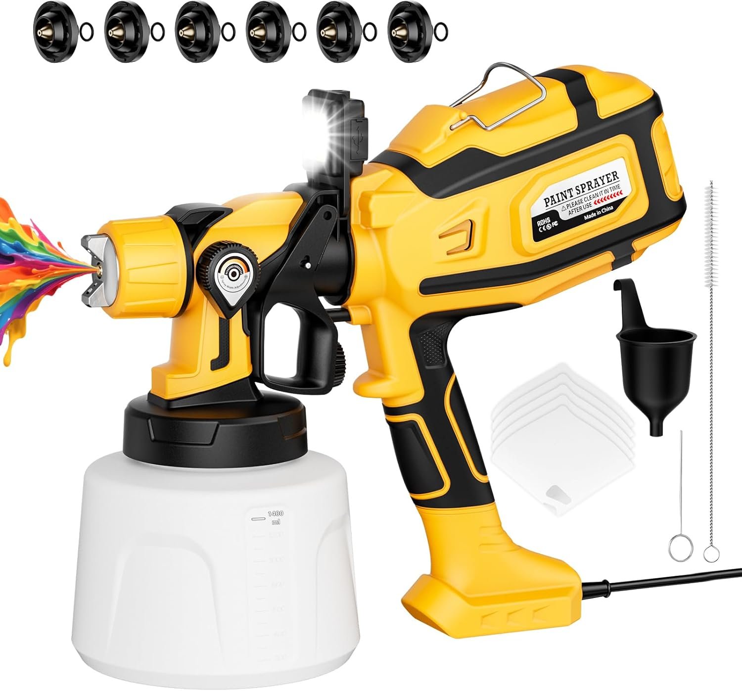 Paint Sprayer for House Painting, Paint Sprayer with 1000W Powerful Copper Motor, 1400ml (47oz) Container, 6 Brass Nozzles & LED Light, Easy to Clean for House, Fence, Furniture, Walls, DIY, Garden