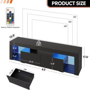 WLIVE 63 Inch TV Stand, LED Entertainment Center for 60 to 70 Inch TV, Modern TV Console with 2 Drawers, TV Stands for Living Room, Black