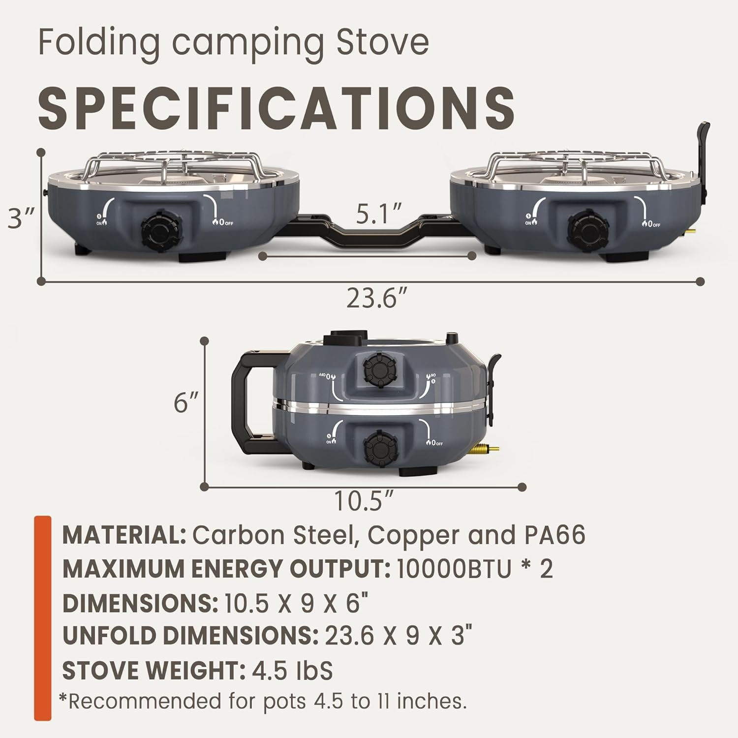 20,000 BTUs 2 Burner Propane Camping Stove, Portable Folding Camp Stove with Adjustable Burners, Built-in Ignition and Carrying Bag, Dual Gas Stoves for Tailgating, Camping, BBQ Overland Grey - Image 6