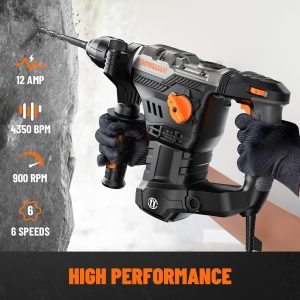 RH15A 1-9/16” SDS-Plus Rotary Hammer Drill, 12.5Amp Heavy Duty Rotary Hammer with 4 Functions, Safety Clutch, Vibration Control, Corded Demolition Hammer for Concrete, Drill Bits and Chisels Included
