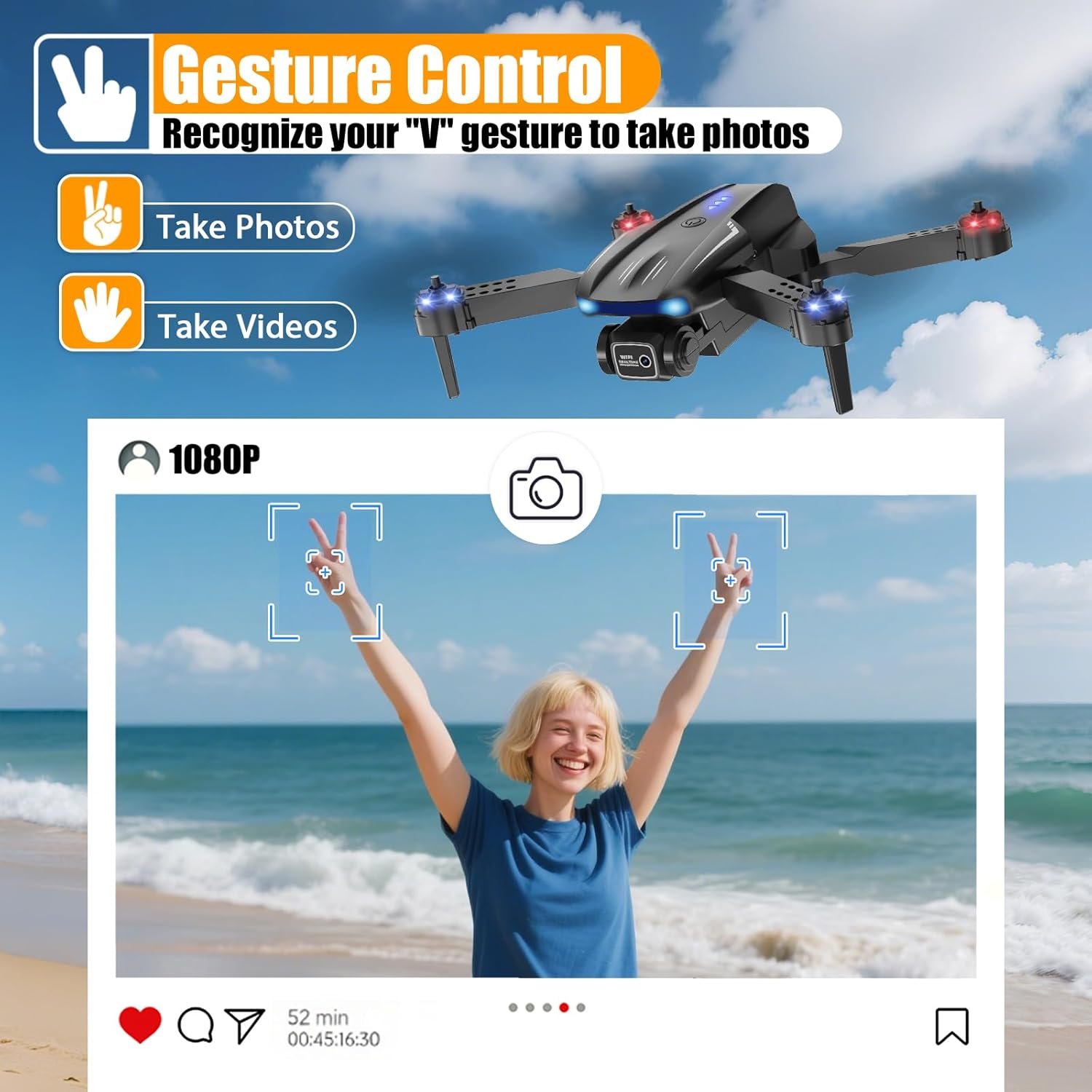 Drone with 1080P Camera for Kids Adults, Foldable RC Quadcopter with One Key Take Off/Land, Gesture Selfie, 3D Flip, 2 Batteries, Carrying Case, Toy Gift for Beginners - Image 3