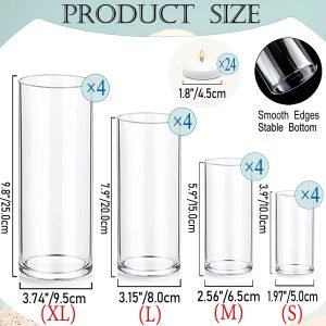 Set of 16 Pcs Glass Cylinder Vases for Centerpieces with 24 Pcs White Floating Candles for Centerpieces Glass Candle Holder for Table Shelf Wedding Party Home Decor (4″+6″+8″+10″)