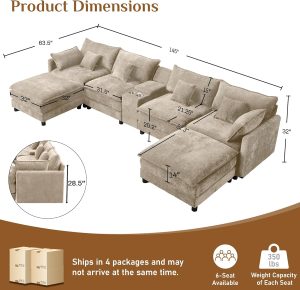 145″ U Shaped Cloud Couch Sectionals Comfy Camel Sectional Couches for Living Room Modern Fluffy Oversized Modular Sofas, Chenille Large Big 6 Seat Sofa Set USB Port Central Console Ottoman