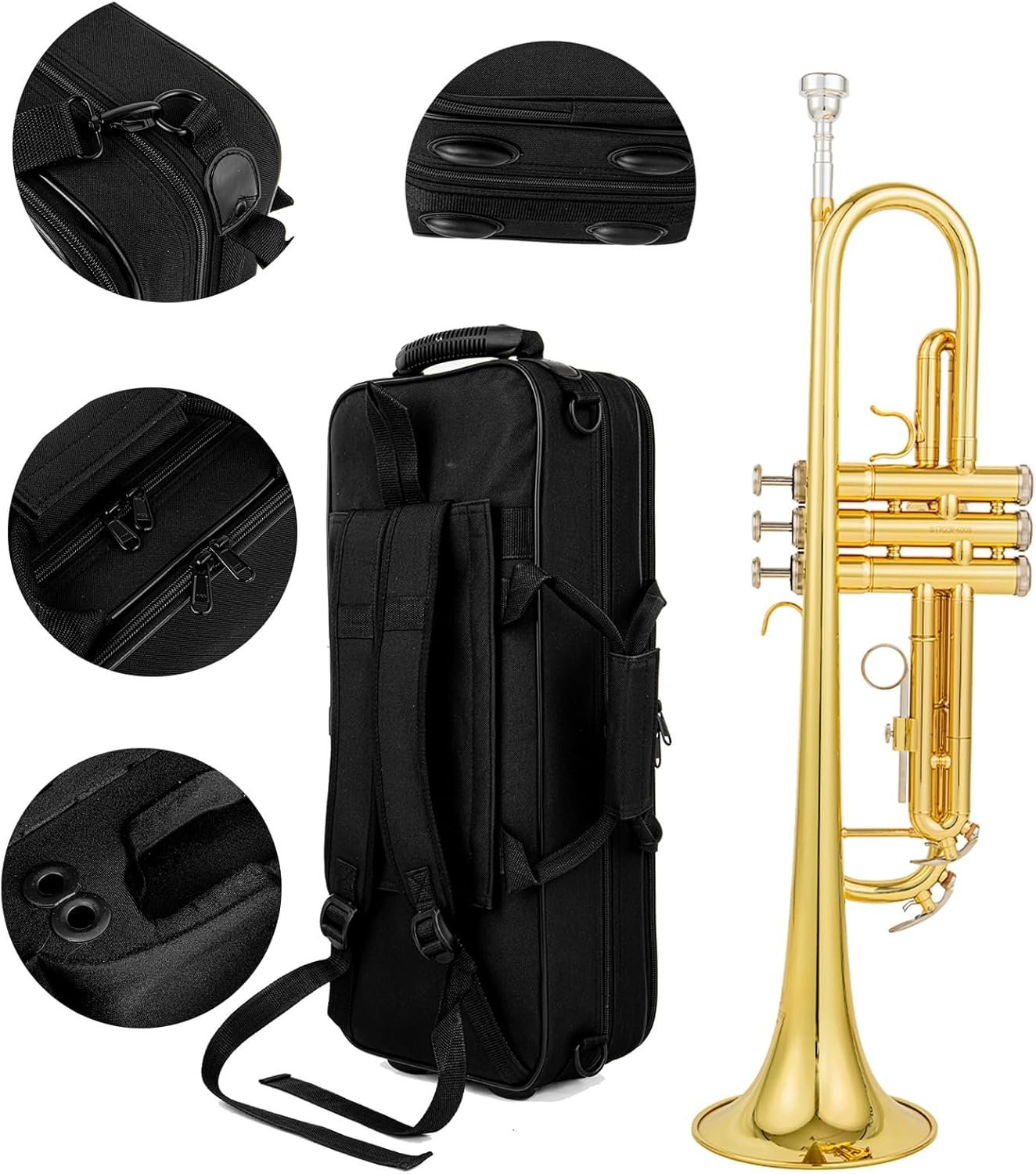 bb trumpet 6331 brass b flat trumpet for beginners and intermediate players copper leadpipe gold lacquer finish stainless steel valves phosphorus hard case and accessories included - Image 3