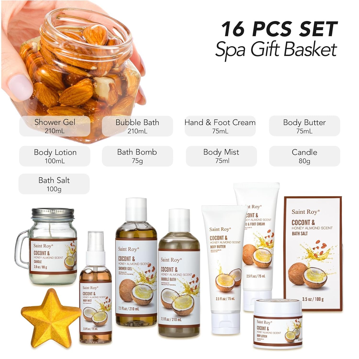 Spa Gift Basket Luxury Bath and Body Basket Set 17-Piece Coconut Honey Almond Christmas Gifts for Women Mom Her Large Luxury Home Spa Kit, Relaxing Self Care Pamper Gifts Birthday Bridal Shower Bath - Image 8