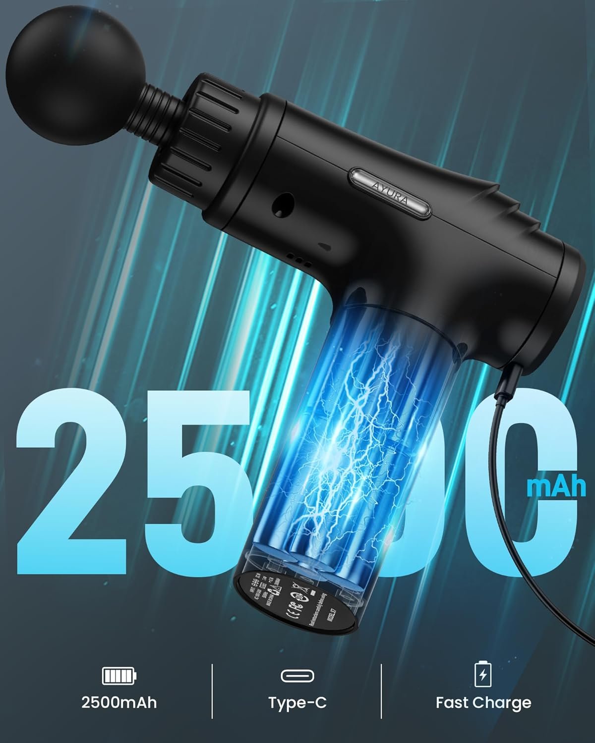 AYURA Massage Gun Deep Tissue, Muscle Massager Gun for Pain Relief, Percussion Massage Gun with 30 Speeds & 6 Heads, Portable Handheld Back Massage Gun for Athlets Men Women - Image 3