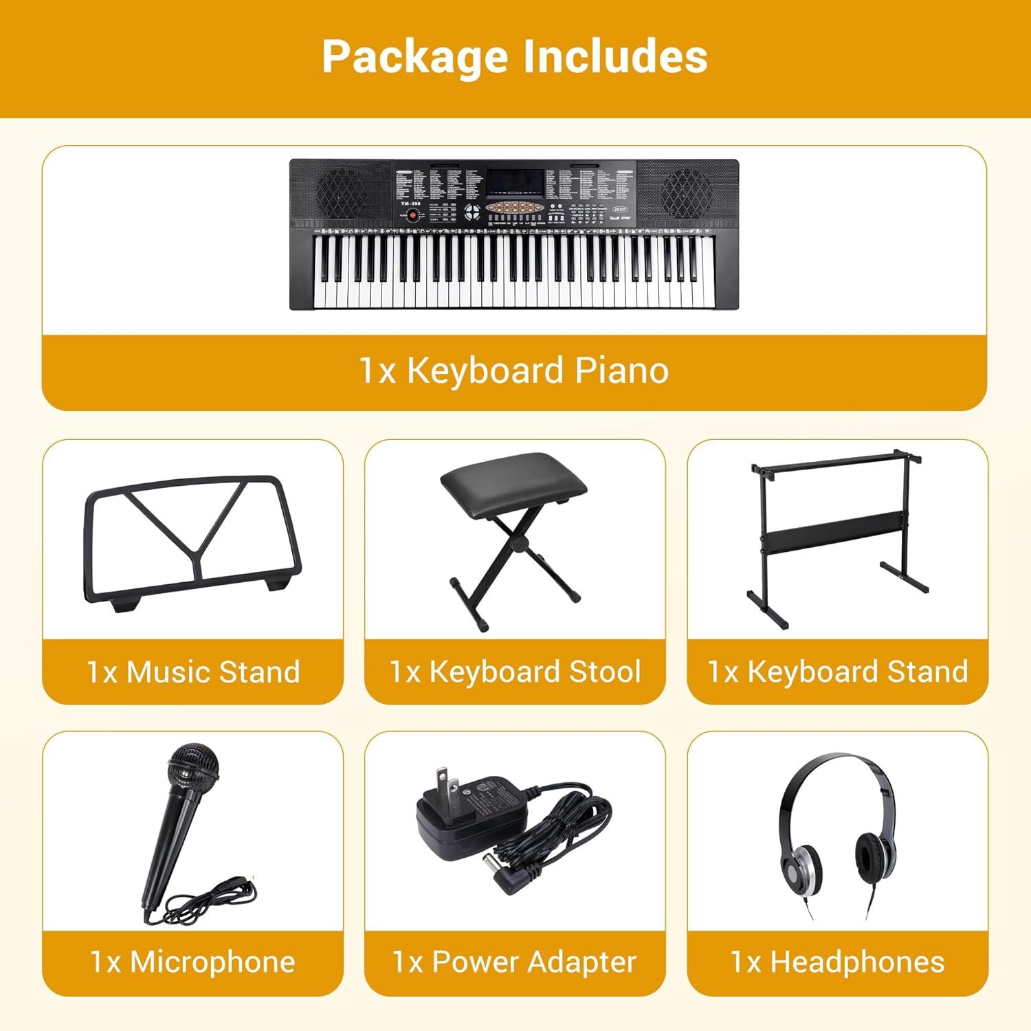 ZENY 61-Key Portable Electric Keyboard Piano with Built In Speakers, LED Screen, Headphones, Microphone, Piano Stand, Music Sheet Stand and Stool - Image 9