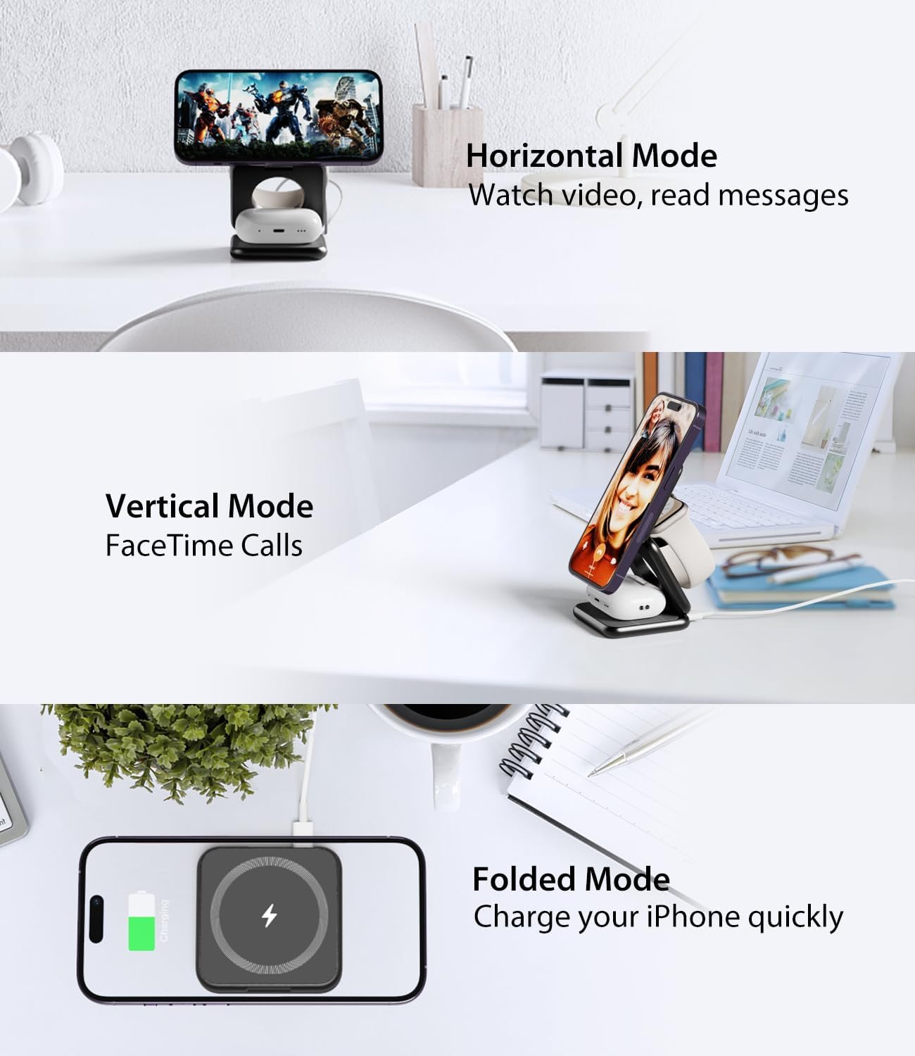 Foldable Magnetic Wireless Charger, KU XIU X40 Aluminum Alloy 3 in 1 Charging Station for Apple, Fast Charging Travel Charger for iPhone 17 16 15 14 13 12, 5W for Apple Watch & AirPods, Black - Image 2