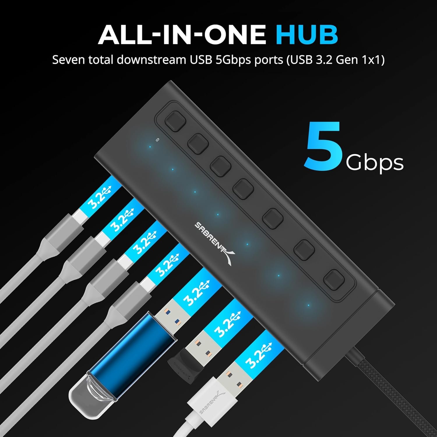SABRENT 7-Port USB-C Hub with Power Switches, 5Gbps USB 3.2, 48W Powered Hub with 3 USB-A + 4 USB-C Ports, 20W PD, LED Status, Aluminum Body – for Mac, PC, Steam Deck, ROG Ally (HB-3A4C) - Image 4