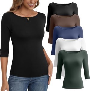 Ficerd 5 Pack 3/4 Sleeve Tops for Women Tight Boat Neck T Shirts Slim Fit Three Quarter Sl...