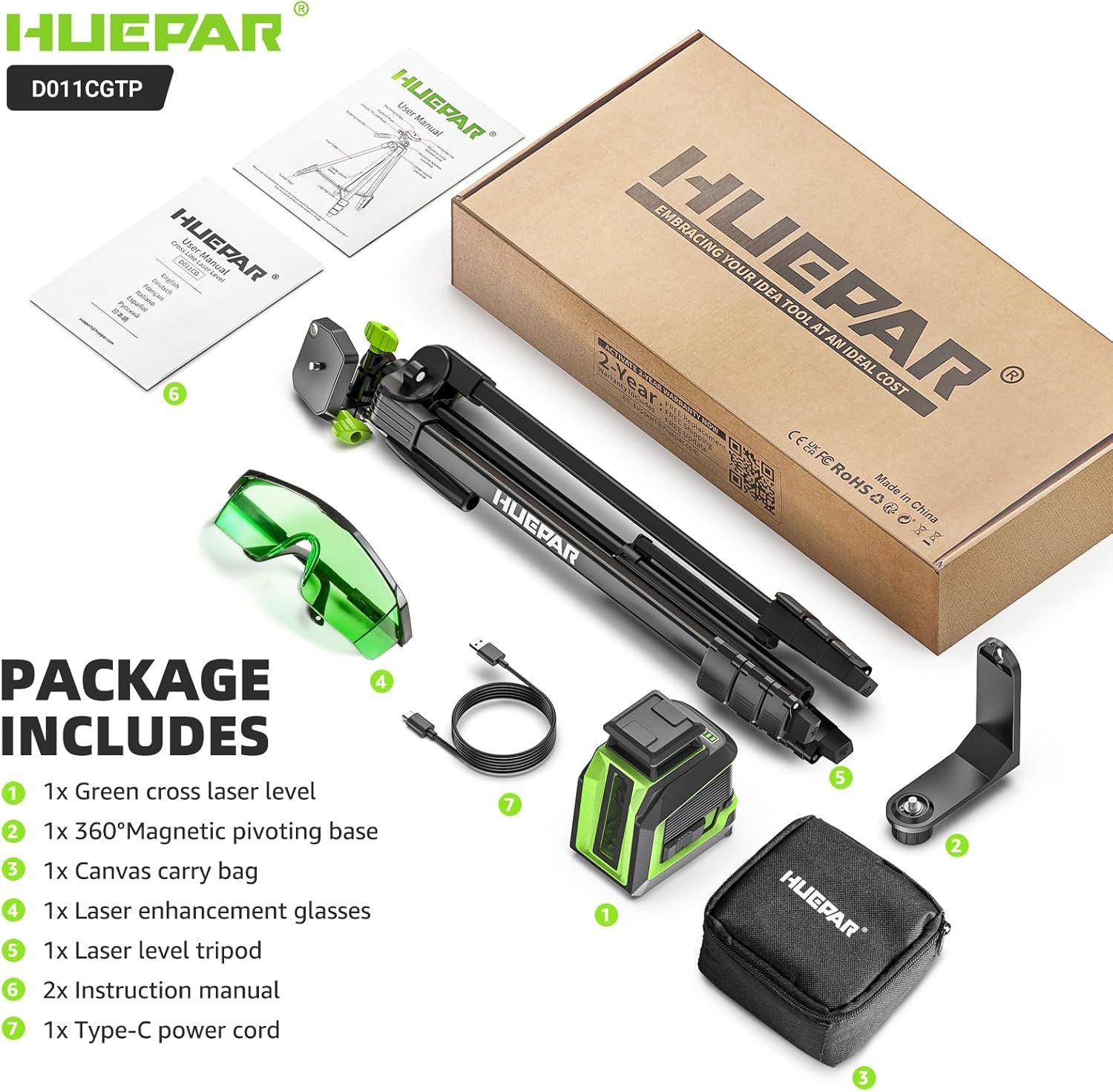 Huepar 360° Laser Level with Tripod 60in, 82Ft - 165Ft Self Leveling Laser Level with Pulse Mode, 3 Brightness Levels Rechargeable Li-ion Battery Green Line Laser Leveler Tool for DIY Indoor Project - Image 8