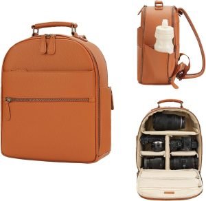 Small Camera Backpack, Classic PU Leather with 11 Inch Pad/Tablet Compartment, Professional Camera Bag for Photographers for DSLR, 10L Brown