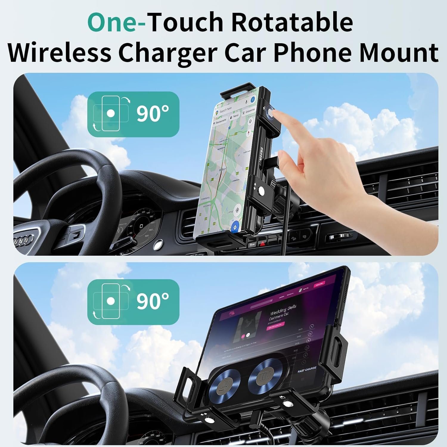 Wireless Car Charger Mount, 15W Dual Coil One-Touch Rotatable Car Phone Holder Wireless Charger for Samsung Galaxy Z Fold 7/6/5/4/3/2, Z Flip, S25/S24/S23/S22, iPhone, Car Charger Included - Image 5