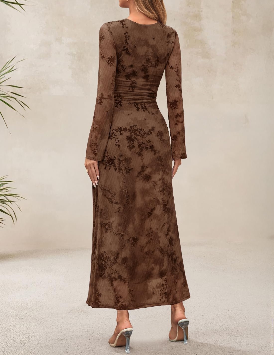 ZESICA Women's Long Sleeve Floral Bodycon Dress 2025 Fall Fashion Ruched Mesh Wedding Guest Cocktail Party Maxi Dresses - Image 3