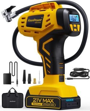 KeenPower Tire Inflator Portable Air Compressor – 2X Faster – 21V Rechargeable Battery Powered Handheld 160PSI Tire Inflator, Dual Power Supply Modes, Air Pump for Car Motorcycle E-Bike