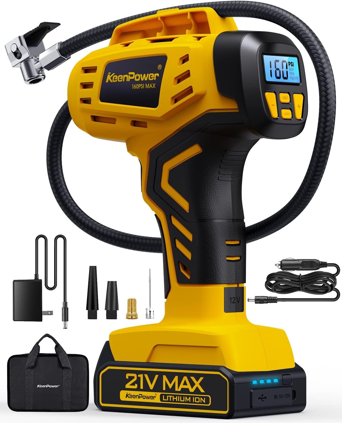 KeenPower Tire Inflator Portable Air Compressor - 2X Faster - 21V Rechargeable Battery Powered Handheld 160PSI Tire Inflator, Dual Power Supply Modes, Air Pump for Car Motorcycle E-Bike