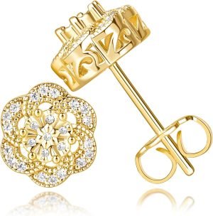 ELEBEST 14k Gold Stud Earrings for women Trendy, Flower-shaped Gold Earrings Studs Fit Hypoallergeni Earrings for Women, CZ Stud Earrings Butterfly Push Backings 8mm 10mm