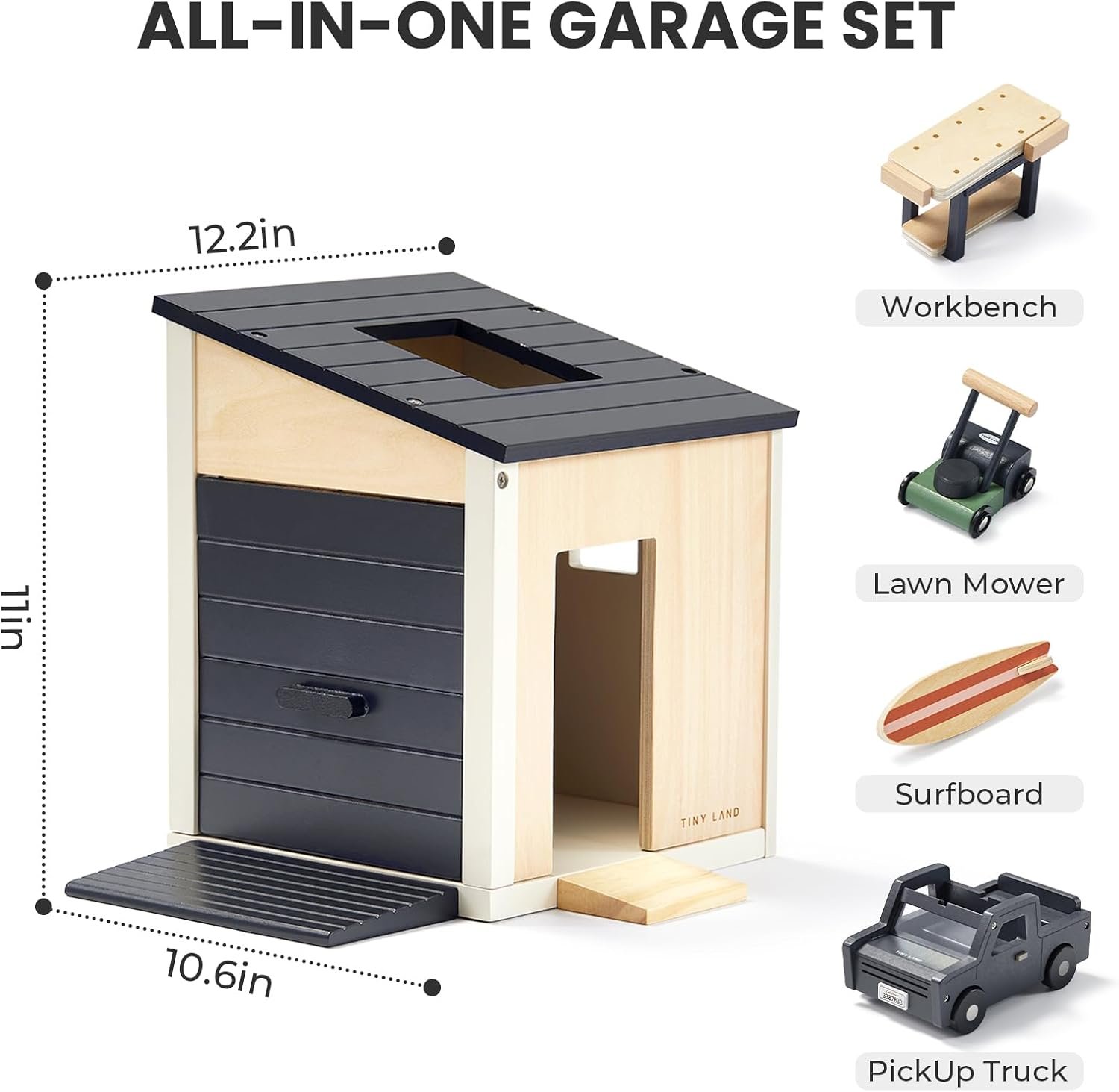 Tiny Land Wooden Dollhouse Garage Set – Realistic Design with Garage, Workbench,Lawn Mower & SUV Car, Expansion Dollhouse Furniture & Accessories for Doll house, Educational Pretend Play Gift for Kids - Image 6