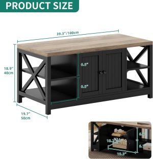 YITAHOME Black Coffee Table with Cabinet Doors, 2 Tiers Modern Coffee Tables for Living Room with Book Shelves, Rectangle Durable Wooden Coffee Table Center Table Easy Assembly, Brown and Black