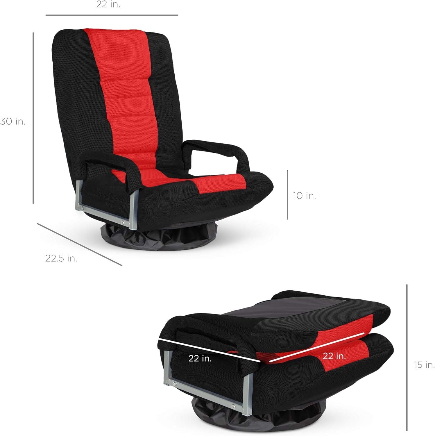 Best Choice Products Swivel Gaming Chair 360 Degree Multipurpose Floor Chair Rocker for TV, Reading, Playing Video Games w/Lumbar Support, Armrest Handles, Adjustable Foldable Backrest - Black/Red - Image 2
