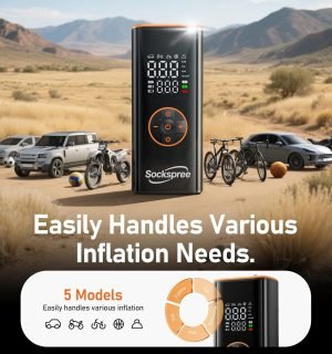 Tire Inflator Portable Air Compressor 5 in 1 Cordless Smart Pump with Tire Pressure Gauge 150PSI and LED Lights for Cars Bikes Motorcycle Balls Custom Mode Inflatables Orange Black
