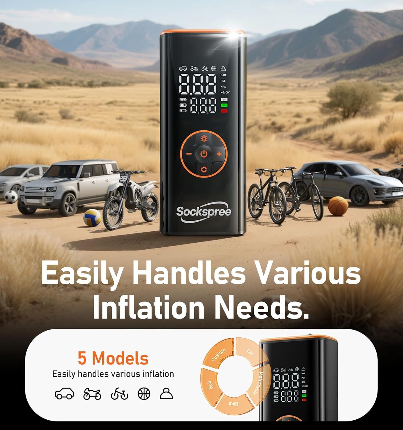 Tire Inflator Portable Air Compressor 5 in 1 Cordless Smart Pump with Tire Pressure Gauge 150PSI and LED Lights for Cars Bikes Motorcycle Balls Custom Mode Inflatables Orange Black - Image 2