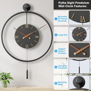 30.7×20 Inch Large Modern Decorative Wall Clocks for Living Room,Big Metal Minimalist 3D Roman Numeral Dial,Farmhouse Pendulum Wall Clock With Elegant Walnut Pointers for Office,Dining Room Decor