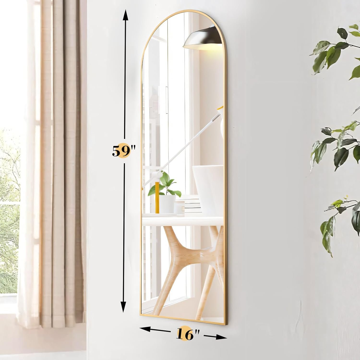 OLIXIS Arched Full Length Mirror 59"x16" for Bedroom, Full Body Mirror with Stand, Hanging or Leaning for Wall, Aluminum Alloy Thin Frame Floor Standing for Living Room, Tall, Gold - Image 2