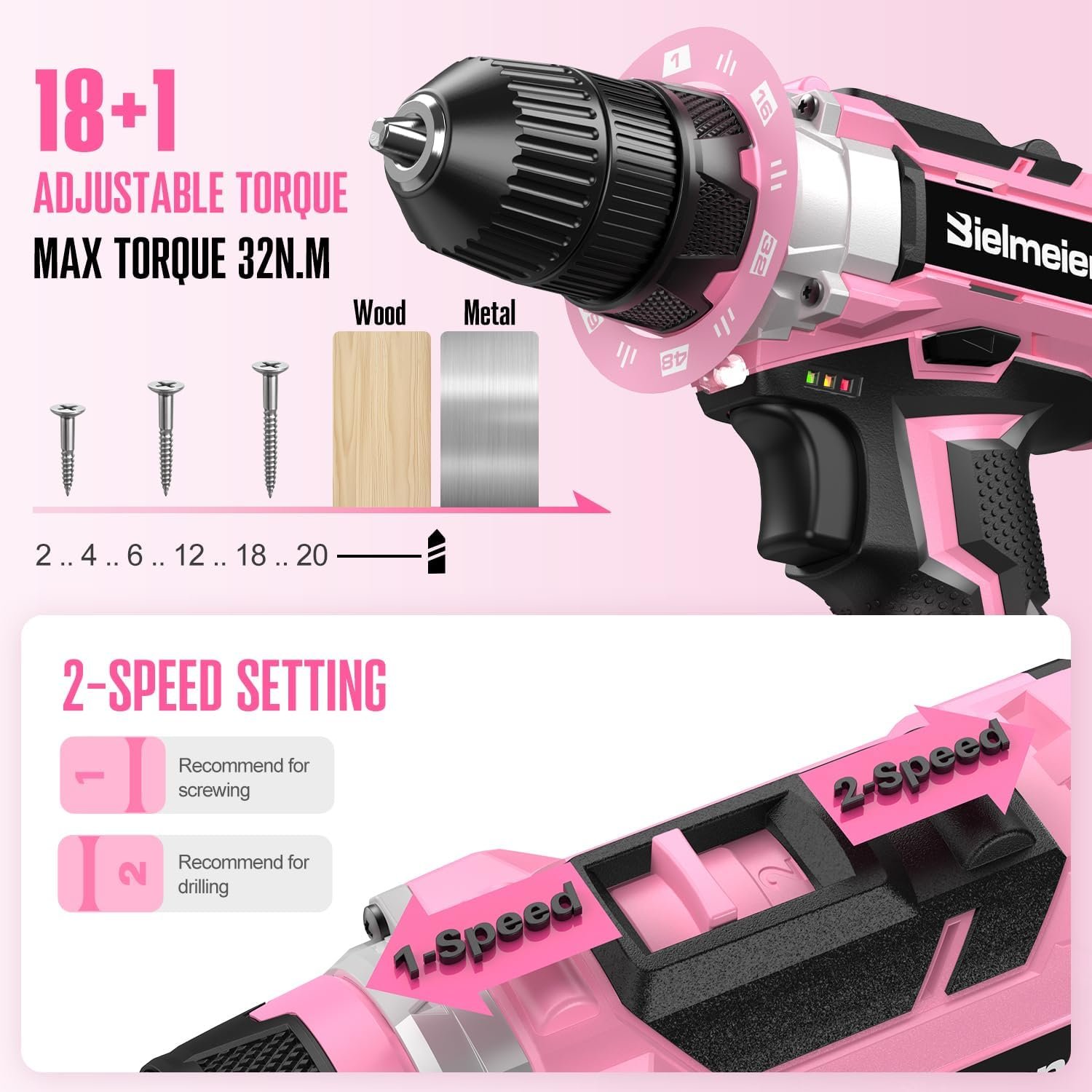 Bielmeier 20V 236Pcs Cordless Pink Drill Set for Women, Lady’s Essential Home Tool Kit with Pink Bag, Perfect DIY Electric Screwdriver Set for Home Repair & Gifts - Image 4