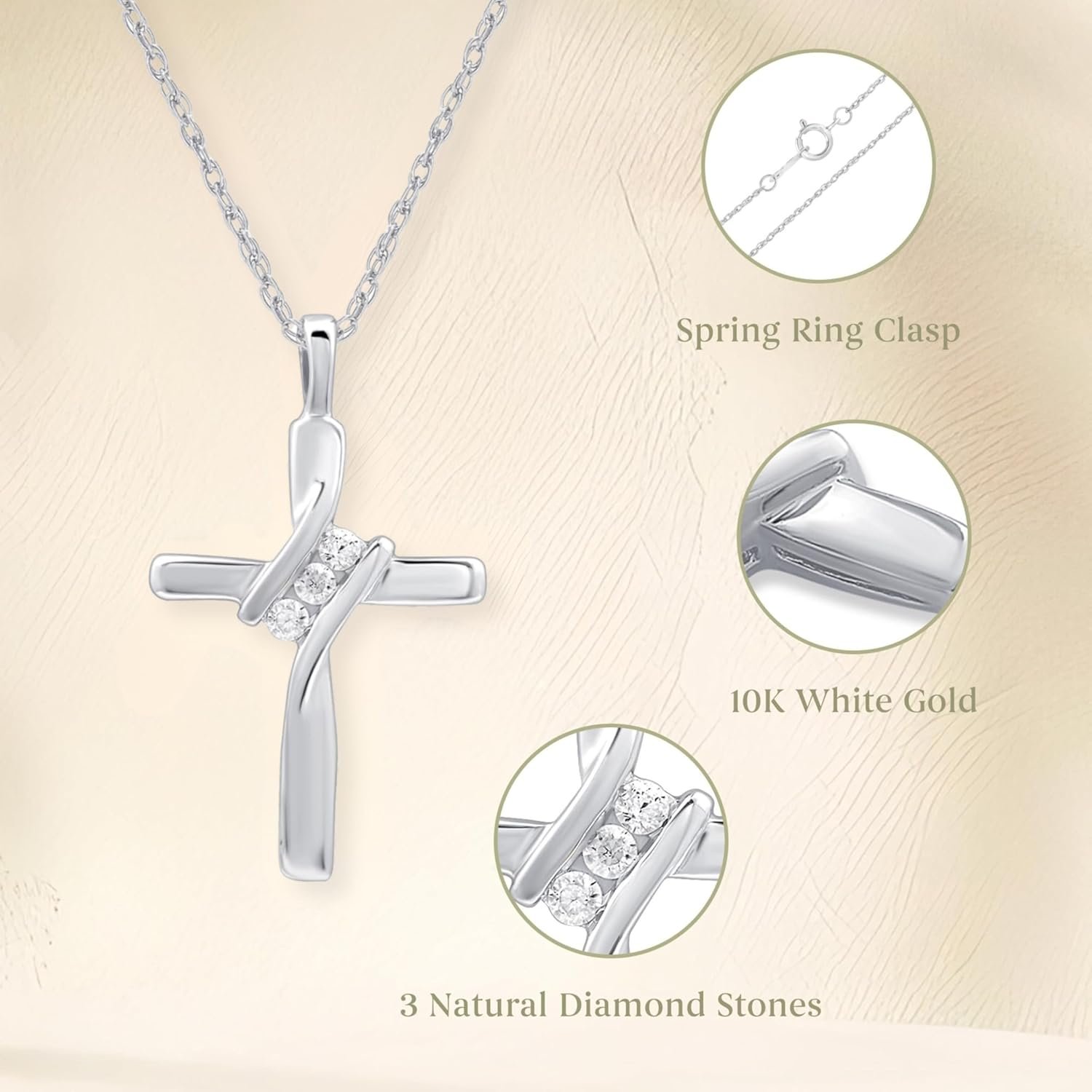 GILDED Small 10K White Gold Natural Round-Cut Diamond Accent (I-J Color, I2-I3 Clarity) 3 Stone Cross Pendant-Necklace,18" - Image 2