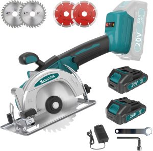 20V MAX Mini Circular Saw(2 * 2.0Ah Bundle),6900RPM Cordless Circular Saw with Blade Guard & 4 Blades, Cuts Tile/Wood/Metal/Plastic up to 1-3/4″ (45° Angle) – DIY & Construction
