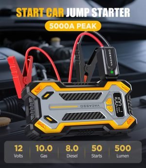Car Jump Starter, 5000A Car Battery Jump Starter for Up to 10L Gas and 8L Diesel Engines, 12V Portable Jumper Starter Power Pack with Booster Car Starter Jump Box, LED Light, Jumper Cable